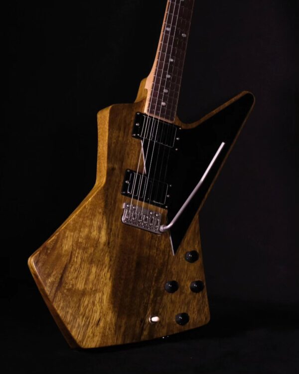 Natural Brown Vibrobyrd guitar leaning at an angle with trem arm up