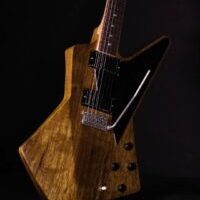 Natural Brown Vibrobyrd guitar leaning at an angle with trem arm up